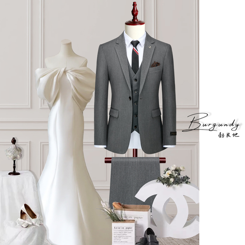 Burgundy High-End Suit Set for Men, British Style Groom Wedding Slim-Fit Dark Pattern Suit # 9831