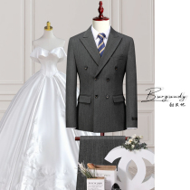 Bourgogne High Set West Suits Double Row Buttons Groom Wedding Wedding Wedding Stripes Positive Dress Inglust Suit Suit