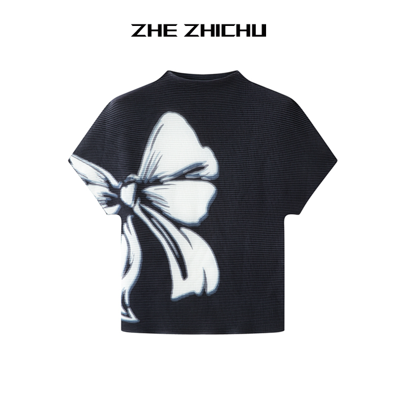 Miyake-Style Pleated Corn Kernel Colorful Bohemian Style Round Neck Short Slim-Fit Versatile Top
