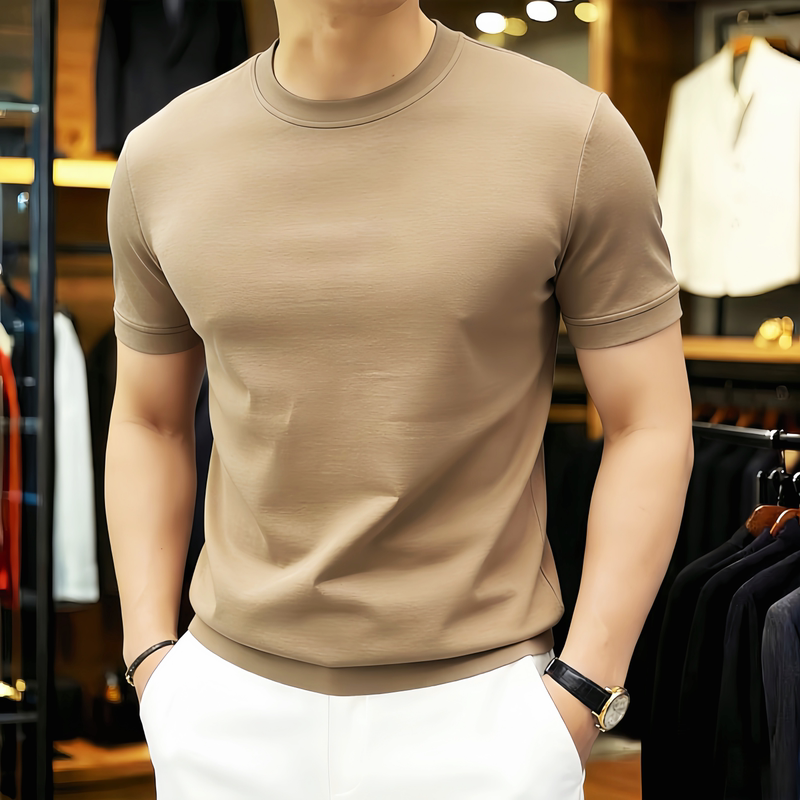 Cool Silk Cotton T-Shirt for Men, Short-Sleeved, Round Neck, Slim Fit, Loose and Drapey, Ice Silk Material, Hem with Cuffs, Base Layer Shirt