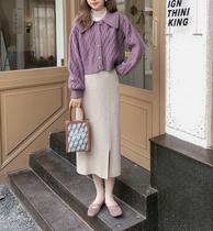 MOBAI vintage split knit a-line skirt womens 2020 autumn and winter new thin straight tube hip one-step skirt