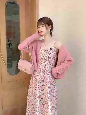 MOBAI Human Peach gentle floral sundress V-neck slim slim retro high waist corduroy dress female