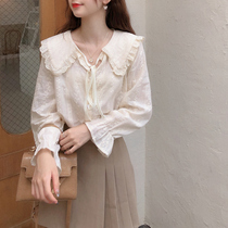 MOBAI2020 Autumn vintage niche embroidery design long sleeve shirt wild outside wear lapel tie-up clothes for women