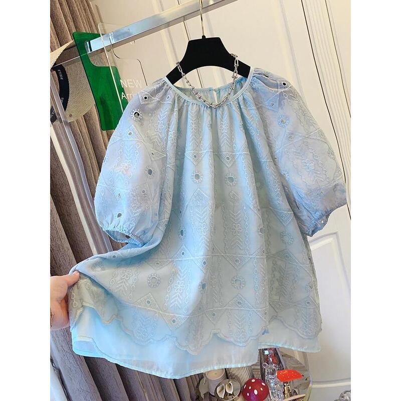 Unique and Beautiful French Embroidered Lace Puff Sleeve Tulle Short-Sleeved Shirt Babydoll Loose Top 2025 New Style