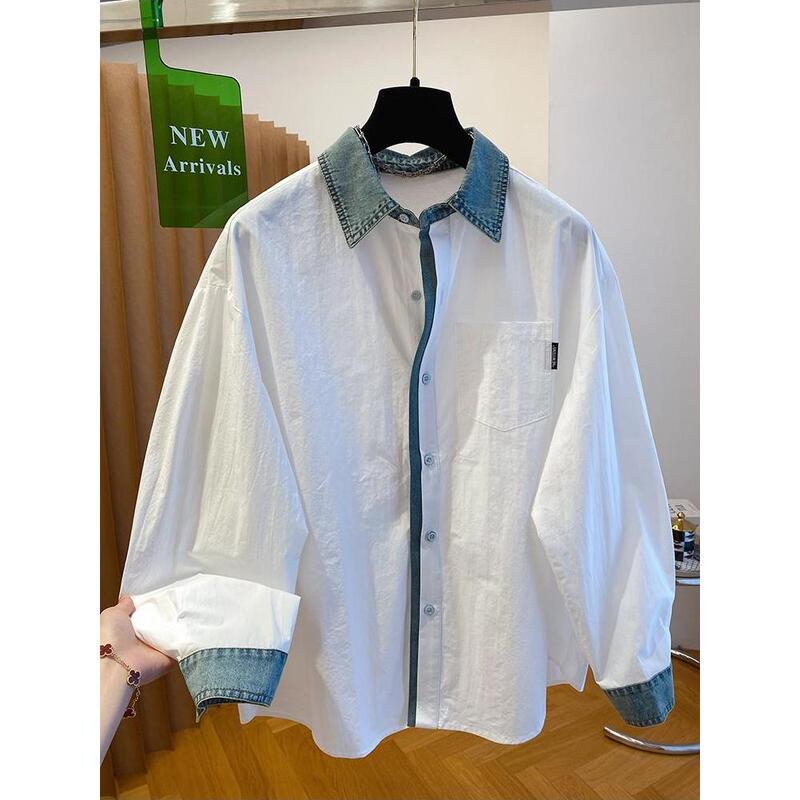 High-End Denim Patchwork White Shirt for Women, Long-Sleeved, 2026 Early Spring New Style, Loose and Stylish, Super Nice-Looking Top, Trendy High-End Denim Patchwork White Shirt for Women, Long-Sleeved, 2026 Early Spring New Style, Loose and Stylish, Super Nice-Looking Top, Trendy