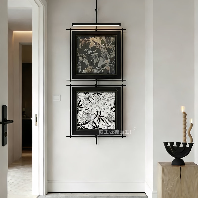 French Minimalist Wall Art for Living Room Entrance, Hanging Painting with Light, Background Decorative Painting, Model Home Metal Installation Art