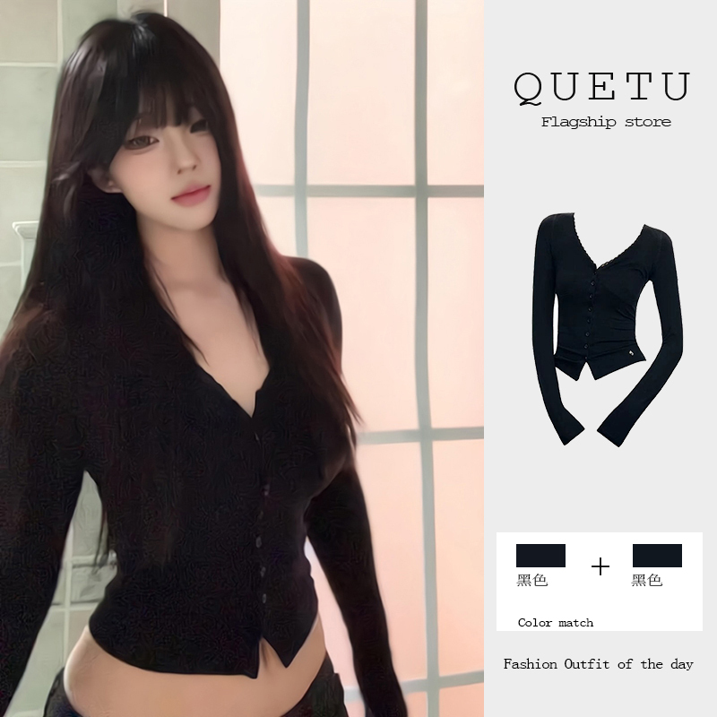 Black V-Neck Long-Sleeved T-Shirt Bottoming Shirt for Women, New Spring Style, Unique and Chic, Hot Girl Style, Tight-Fitting, Slimming Short Top Black V-Neck Long-Sleeved T-Shirt Bottoming Shirt for Women, New Spring Style, Unique and Chic, Hot Girl Style, Tight-Fitting, Slimming Short Top