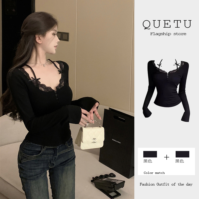 Unique and Beautiful Long-Sleeved T-Shirt for Women, New Spring Style Slimming Base Shirt with Lace Splicing Short Top Underneath