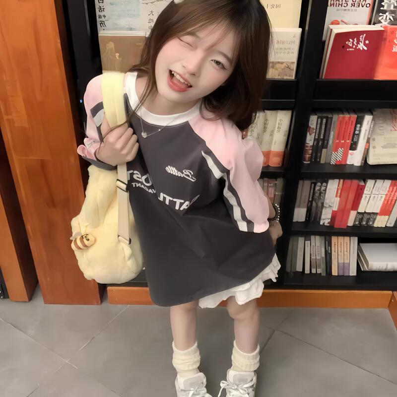 Dopamine American-Style Pure Cotton Color-Block Raglan Short-Sleeve T-Shirt for Girls, Suitable for Middle and High School Students, Loose Half-Sleeve Top