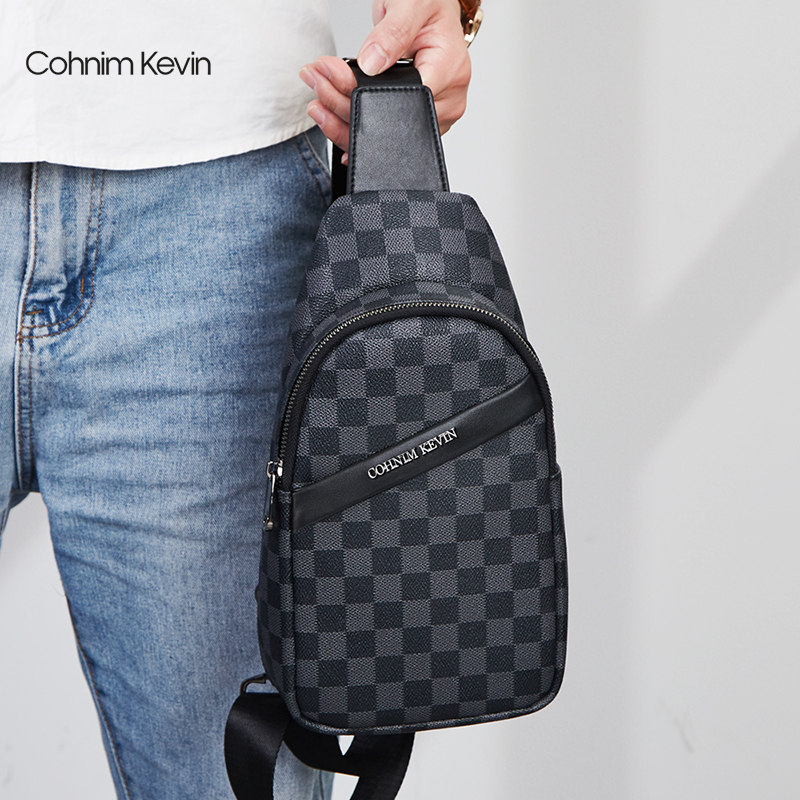 Cohnim Kevin Han version Men's checkered Diagonal Satchel Bag Casual Men's Bag Laced Chest Bag Fashion Single Shoulder Bag