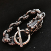 千银厚果 Original Chinese style legendary dragon head bracelet heavy metal crater men's bracelet 925 silver handmade