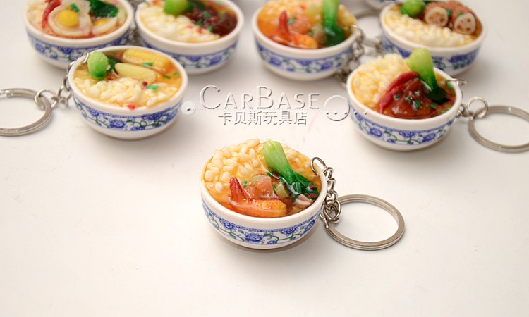 Màu xanh và trắng sứ keychain mô phỏng thực phẩm thực phẩm bát nhỏ ramen cháo gạo bữa ăn mô hình mẫu giáo chơi nhà đồ chơi