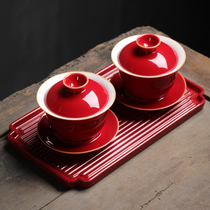 Jiyu ceramic red blue glaze Cover bowl tea cup tea bowl home wedding kung fu tea set three talent bowl worship tea cup