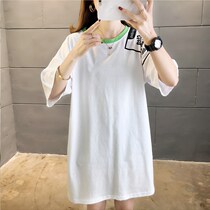 Leaky shoulder short-sleeved dress womens summer 2020 new belly cover-up large size loose student letters medium-long t-shirt skirt