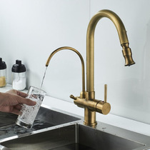 Antique copper kitchen straight drinking water purifier tap double-out vegetable basin sink hot and cold pull-out faucet can be rotated