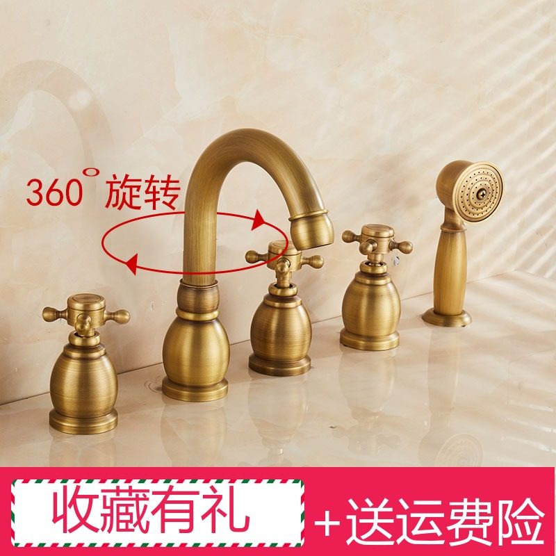 Antique all-copper European-style bathtub tap Three-five-piece three-hole five-hole two-piece shower head with hot and cold water black