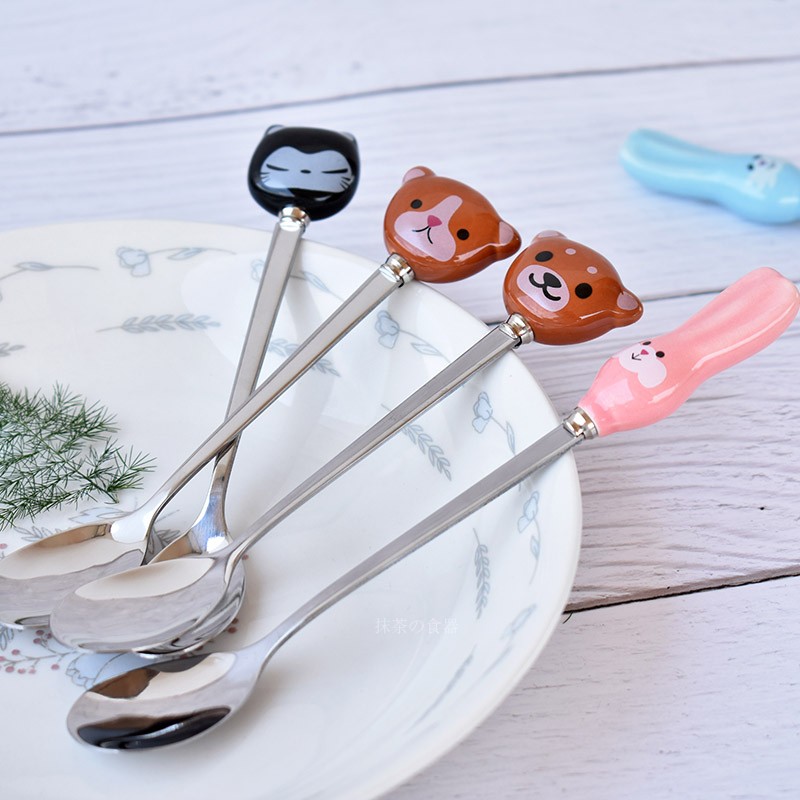 Creative Cartoon Ceramic Handle Stainless Steel Spoon Coffee Stirring Spoon Small Spoon Children Ice Cream Spoon Milk Powder Spoon
