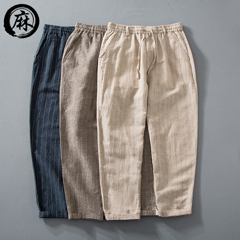 Chinese wind cotton nine pants men pants summer thin stripes loose small foot men's linen casual pants men's wear