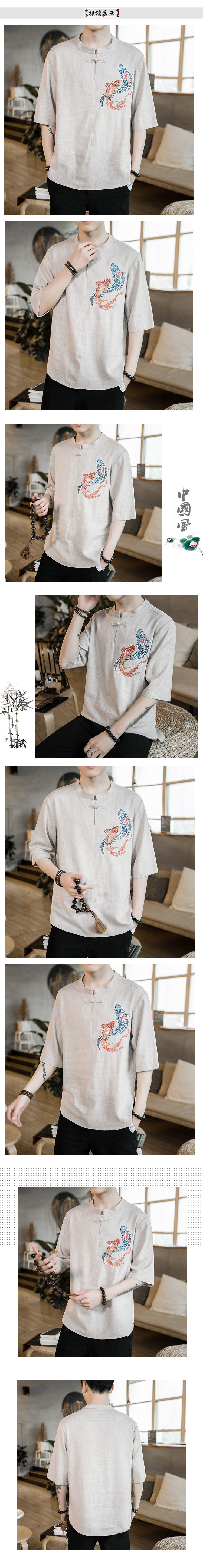 Phong cách trung quốc Tang phù hợp với Hanfu thêu cá linen t-shirt nam mùa hè Trung Quốc cotton ngắn tay thanh niên nằm trang phục dân tộc