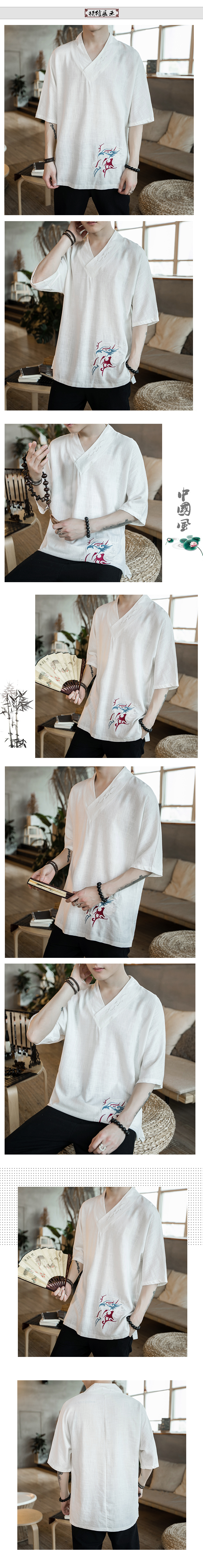 Phong cách trung quốc Tang phù hợp với cải thiện Hanfu thêu linen nam mùa hè Trung Quốc cotton ngắn tay thanh niên nằm trang phục dân tộc