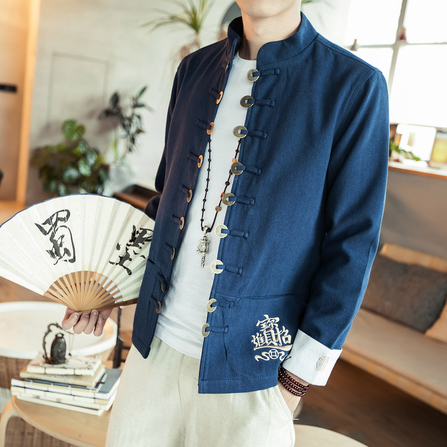 Chinese style Tang suit ancient clothing Improved hanfu Chinese wind men's clothing Entrance Treasure linen jacket Young cotton blouse