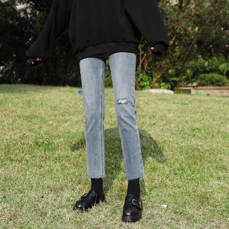 Broken Cave Jeans Woman 2022 Summer new chic retro elastic loose with slim height waist 100 lap 90% straight drum pants