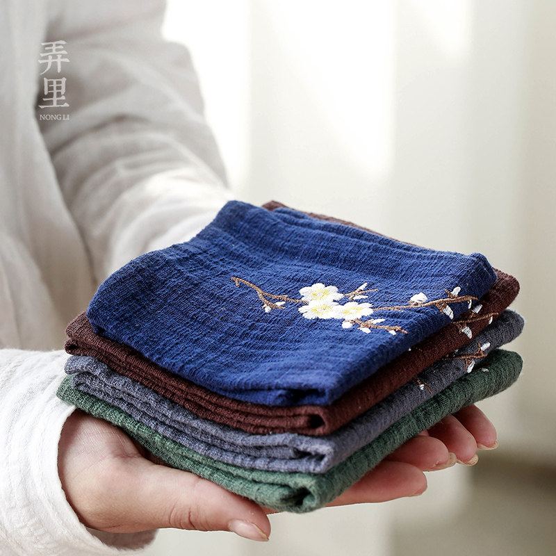 Japanese cotton linen tea towel Absorbent thickening accessories Clean tea cloth Handmade cloth embroidery tea mat tea set Plain color creativity