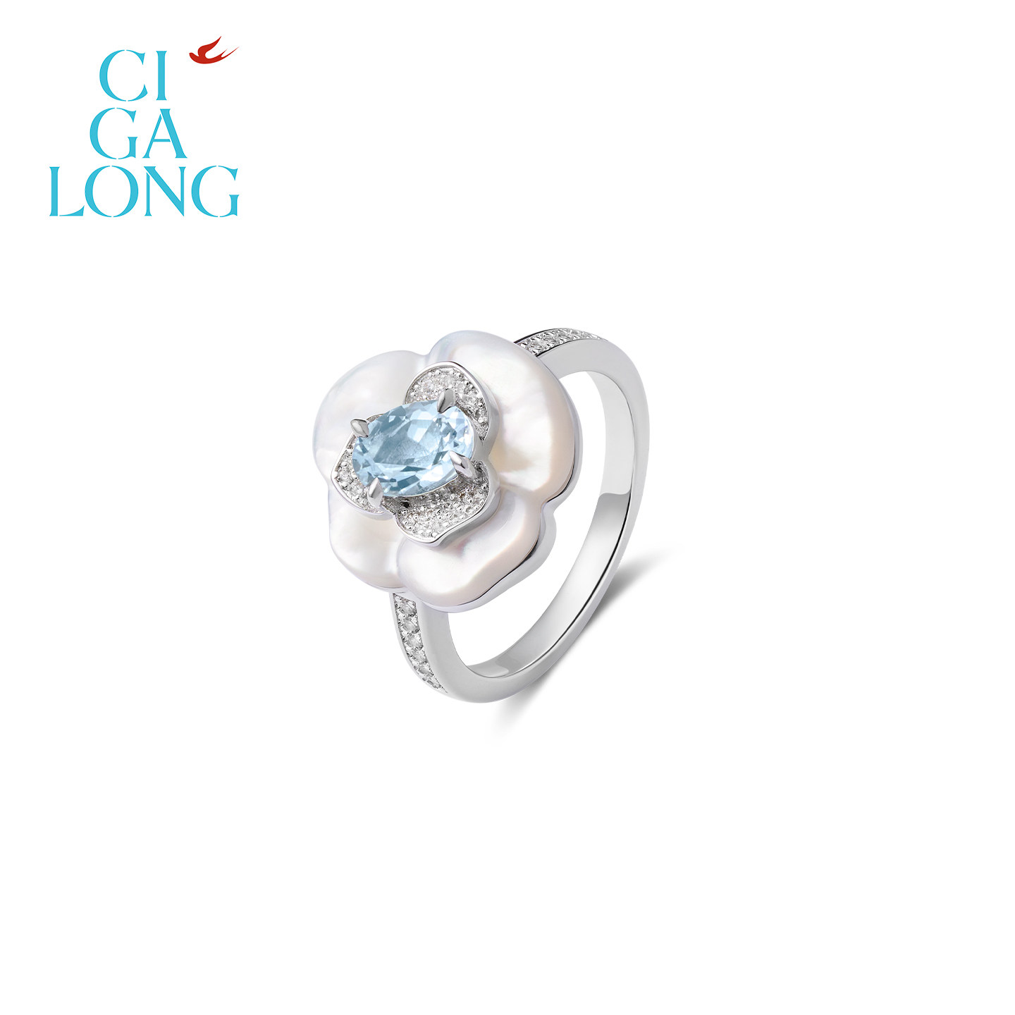 CIGALONG ice blue camellia ring