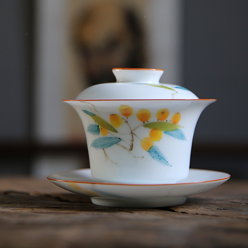 Jingdezhen porcelain thin body under the glaze color hand - made loquat ceramic tureen household hot three large tea bowl to bowl