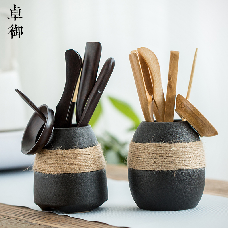 Zhuo imperial tea six gentleman ebony household kung fu tea ChaGa knife spoon tea tray was furnishing articles ceramic tea set with parts