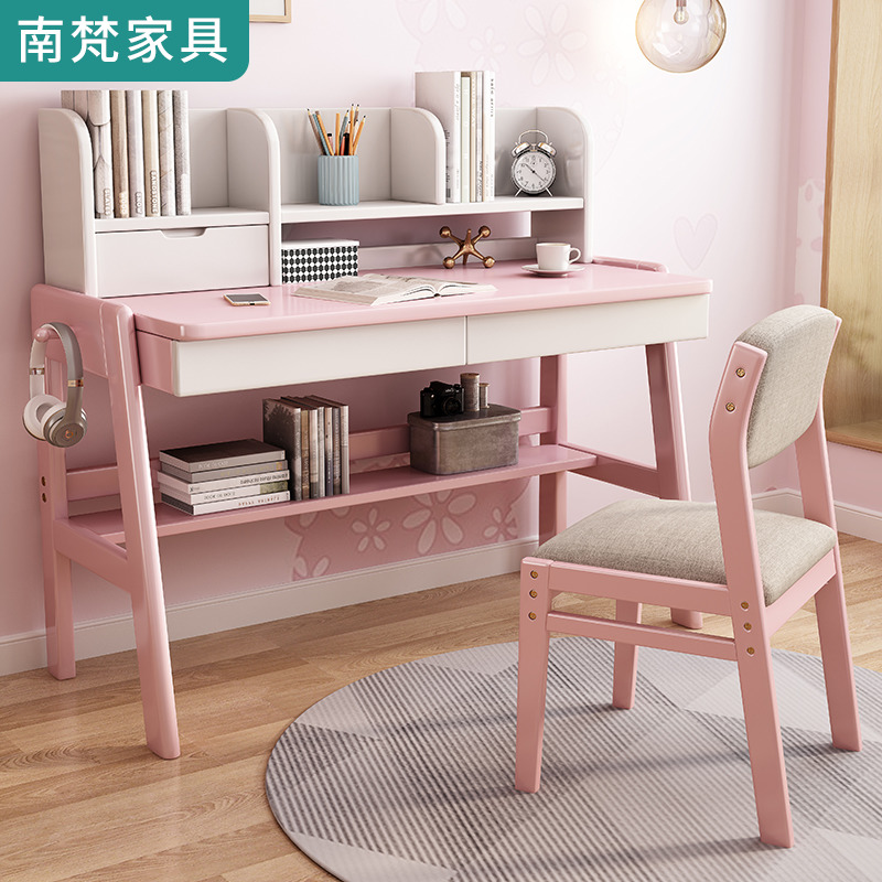 All solid wood children's desk bookshelf combination simple study desk computer desk home desk lifting adjustment table and chair
