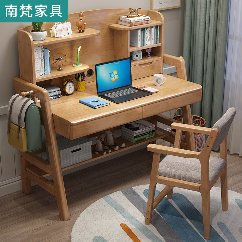 Solid wood desk bookshelf combination one table simple home student desk Nordic simple desktop computer desk