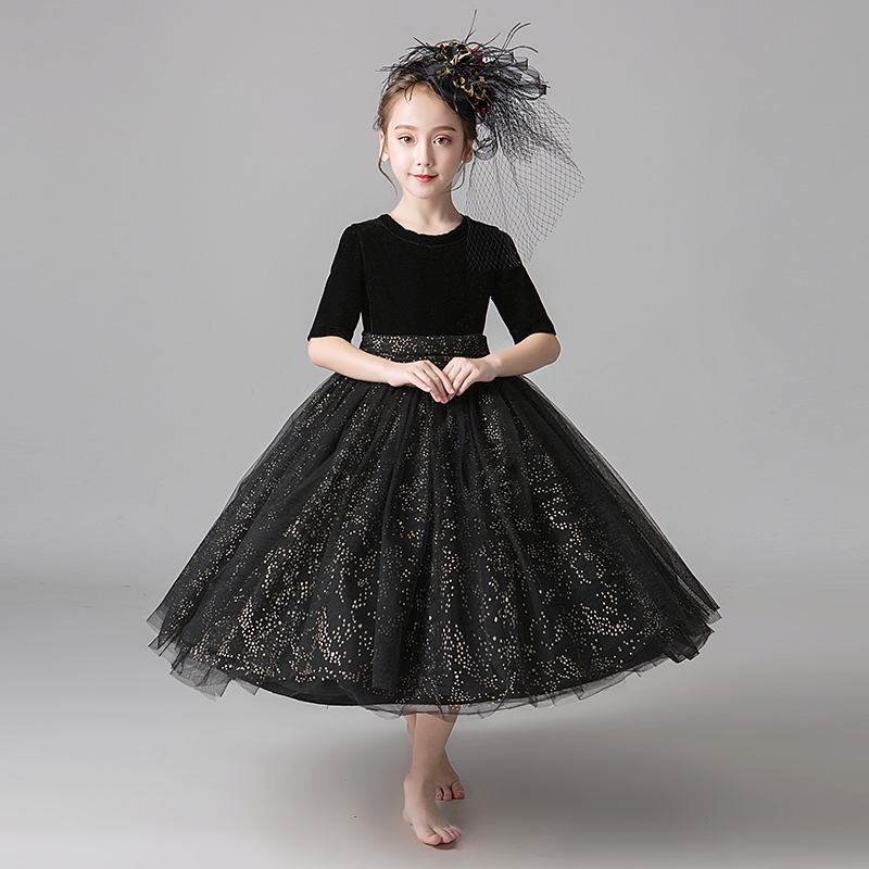 Black Children's Dress Princess Dress Girl Pompeo Dressing Host Evening Dressing Flowers Piano Show