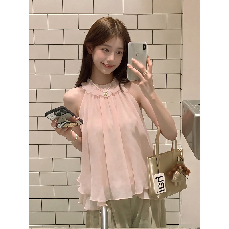 Pink Gentle and Sweet Halter Neck Sleeveless Shirt Vest for Women, Summer Design, Stylish, Slimming, Versatile, Beautiful Top Pink Gentle and Sweet Halter Neck Sleeveless Shirt Vest for Women, Summer Design, Stylish, Slimming, Versatile, Beautiful Top