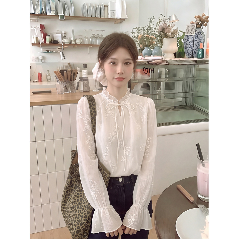 Lace Jacquard Stand-Up Collar Lace-Up Long-Sleeved Shirt for Women, Autumn Style, Loose Fit, Ruffled Bell-Sleeve Design Top Lace Jacquard Stand-Up Collar Lace-Up Long-Sleeved Shirt for Women, Autumn Style, Loose Fit, Ruffled Bell-Sleeve Design Top