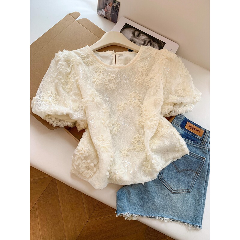 Heavy-Duty Three-Dimensional Floral Embroidery Sequin Lace Blouse Summer 2026 New French Korean Style Casual Slimming Top for Women