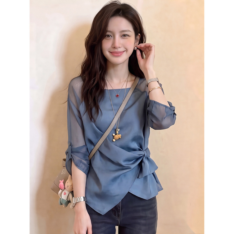 French-Style Blue Lace-Up Mesh Patchwork Long-Sleeve Shirt for Women, Autumn Season, Waist-Cinching, Slimming, Fashionable, Unique Design Top