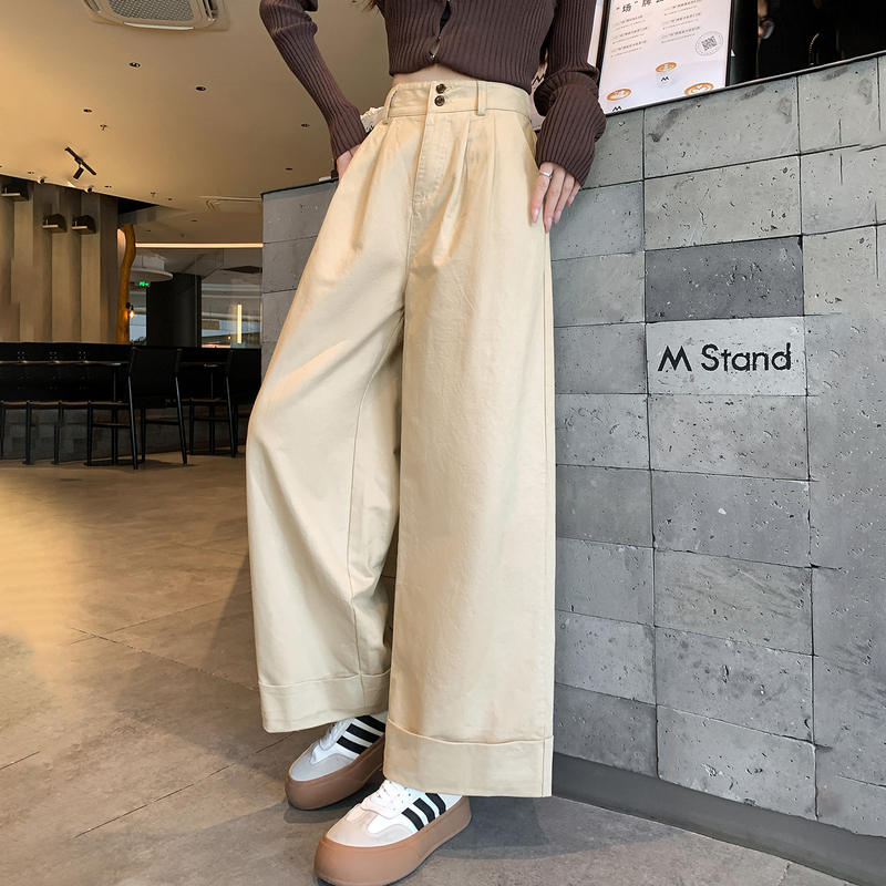 Retro Khaki Workwear Wide-Leg Pants for Women 2026 Spring and Summer New Style Petite High-Waisted Loose Rolled-Up Straight Pants