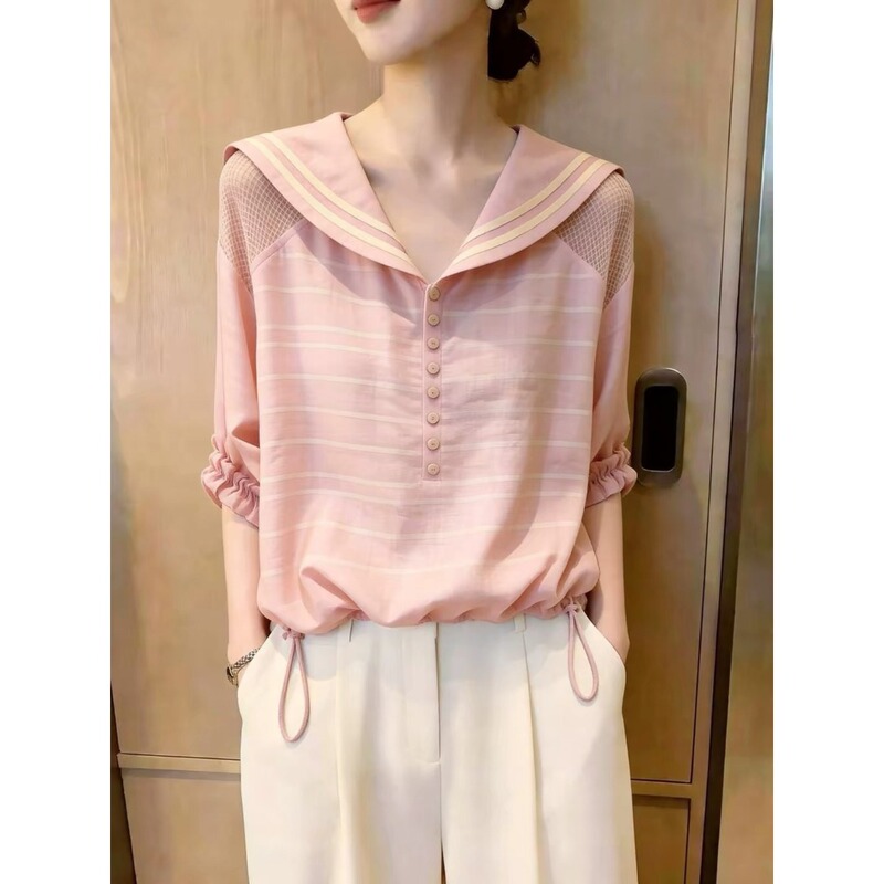 New Navy Style Pink Striped Top for Women, Autumn New Drawstring Fashionable and Elegant Commuter High-End Blouse New Navy Style Pink Striped Top for Women, Autumn New Drawstring Fashionable and Elegant Commuter High-End Blouse