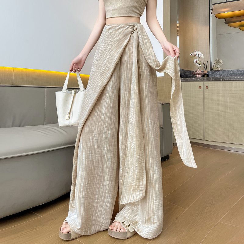 Ribbon Skirt Pants, Wide-Leg Pants for Women, Summer Thin High-Waisted Drapey Ice Silk Sun-Protective Pants, Loose Slimming Floor-Length Trousers