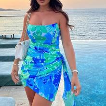 Hainan Sanya Beach Vacation Photo Off the Shoulder Printed Sleeveless Open Backpack Hip Dress Sexy Printed Skirt