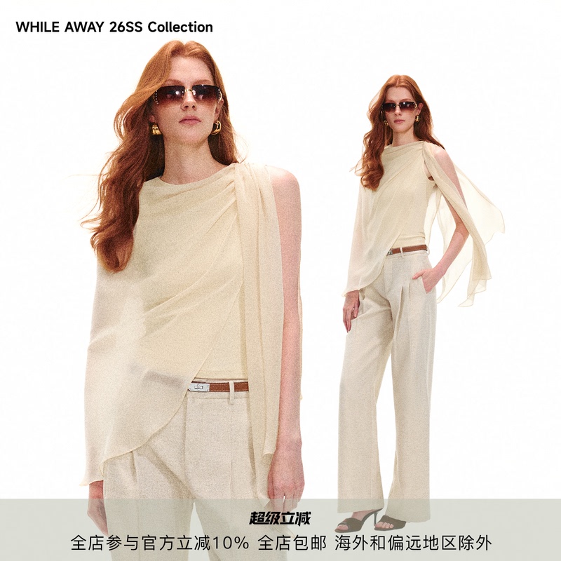 While Away * Flowing Chiffon Dance: French-Style Asymmetrical Off-Shoulder Waist-Cinching Top with Chiffon and Knit Combination for a Stylish Look While Away * Flowing Chiffon Dance: French-Style Asymmetrical Off-Shoulder Waist-Cinching Top with Chiffon and Knit Combination for a Stylish Look