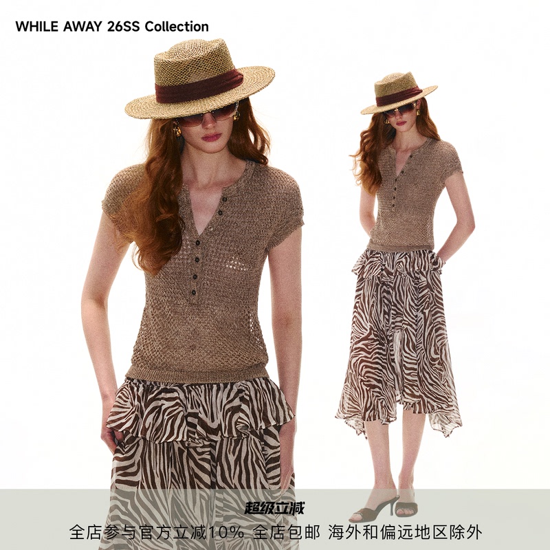 While Away* Luminous Summer Vintage Gold Sequin Floral Yarn Short Sleeve Hollow Out Half-Open Knit Top for Women While Away* Luminous Summer Vintage Gold Sequin Floral Yarn Short Sleeve Hollow Out Half-Open Knit Top for Women