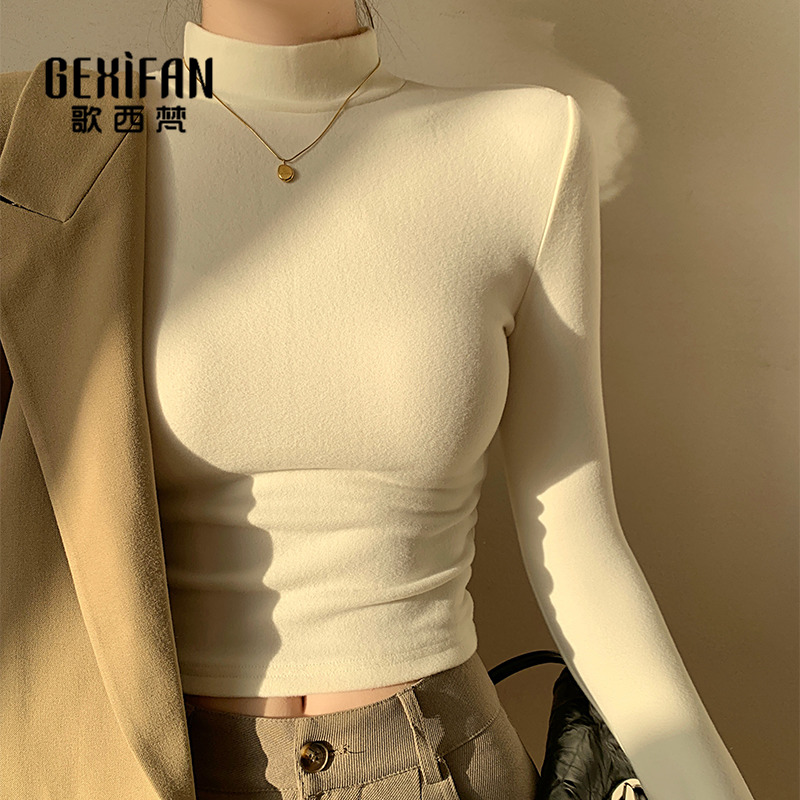 Half-height collar Develed undershirt woman autumn winter Nets 2023 plus suede thickened long sleeves short white blouses-Taobao