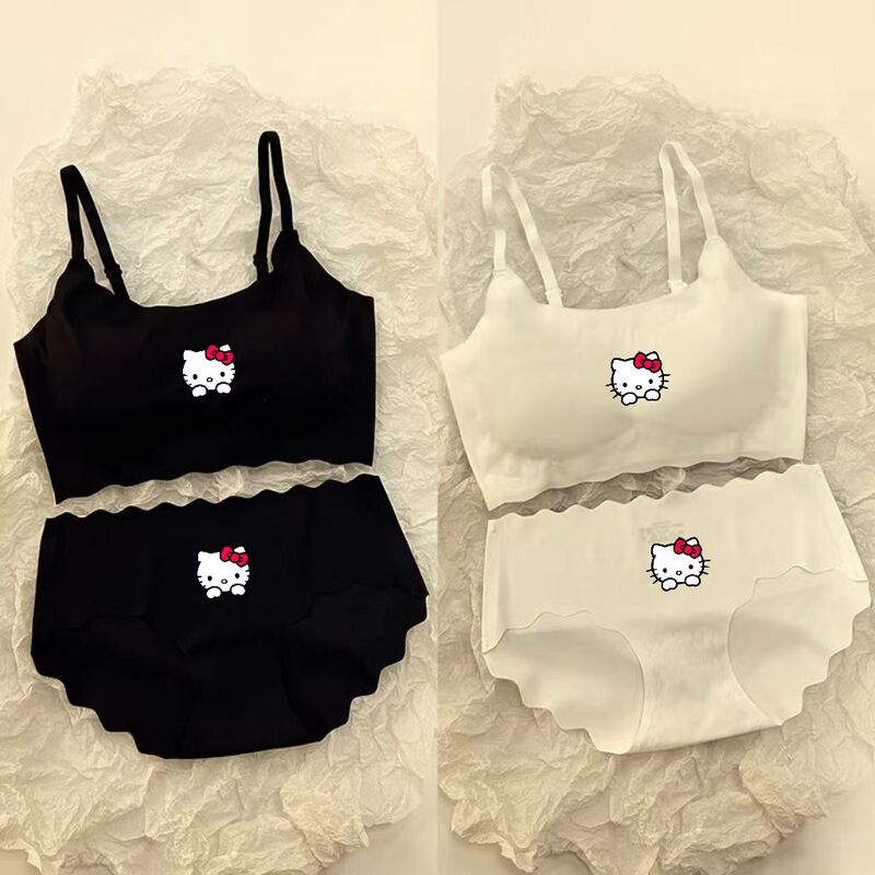 Developmental Period Kt Cat Seamless Ice Silk Underwear for Girls, Seamless Set Without Underwire, Push-Up Sports Student Vest, Thin