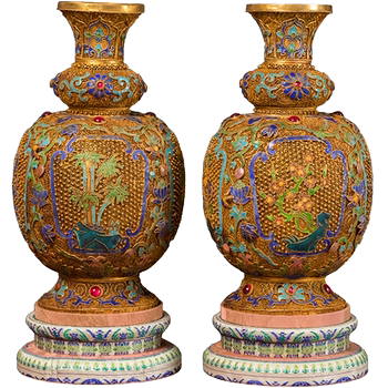 Silver gilt silk burnt blue plum, orchid, bamboo and chrysanthemum vase