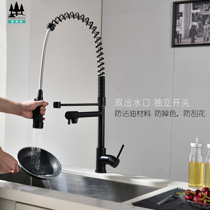 Black Forest (HSL) European-style kitchen sink hot and cold tap with pull-out rotary multifunction black tap-Taobao