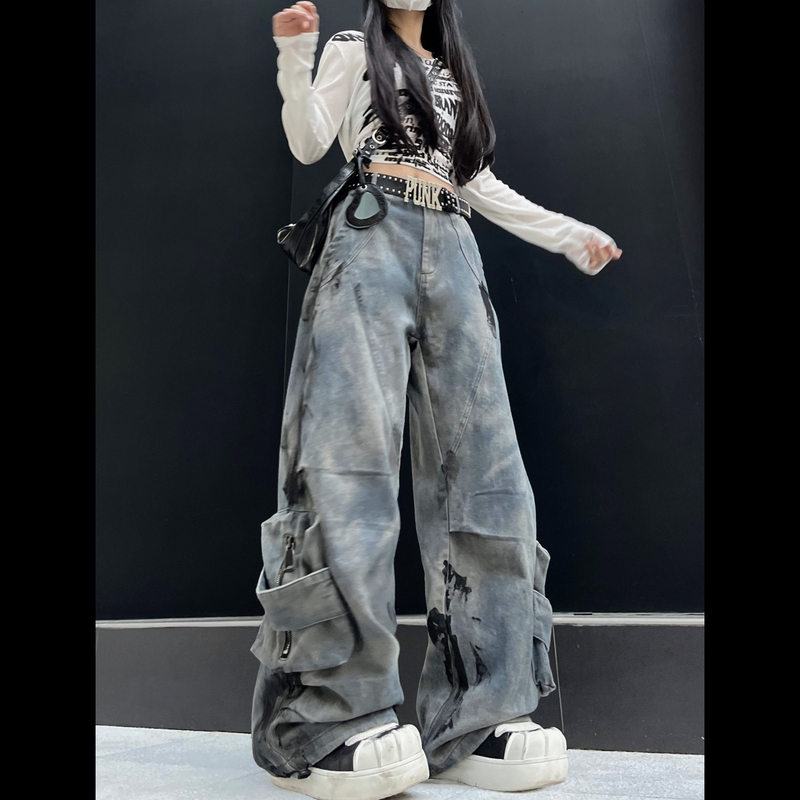 Blue Graffiti Tie-Dye Drapey Cargo Pants Street Dance Jazz Fleece-Lined Brushed Vintage Hip-Hop Original Floor-Length Pants