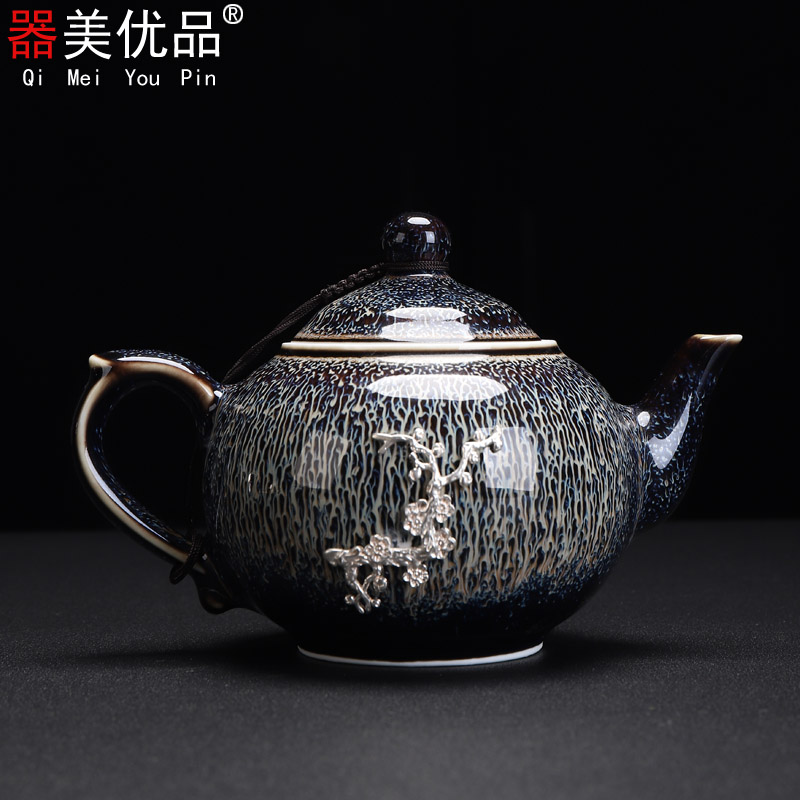 Hand-inlaid silver 999 exquisite large ceramic Tianmu Glaze Jianzhan Jun Porcelain vintage classic teapot