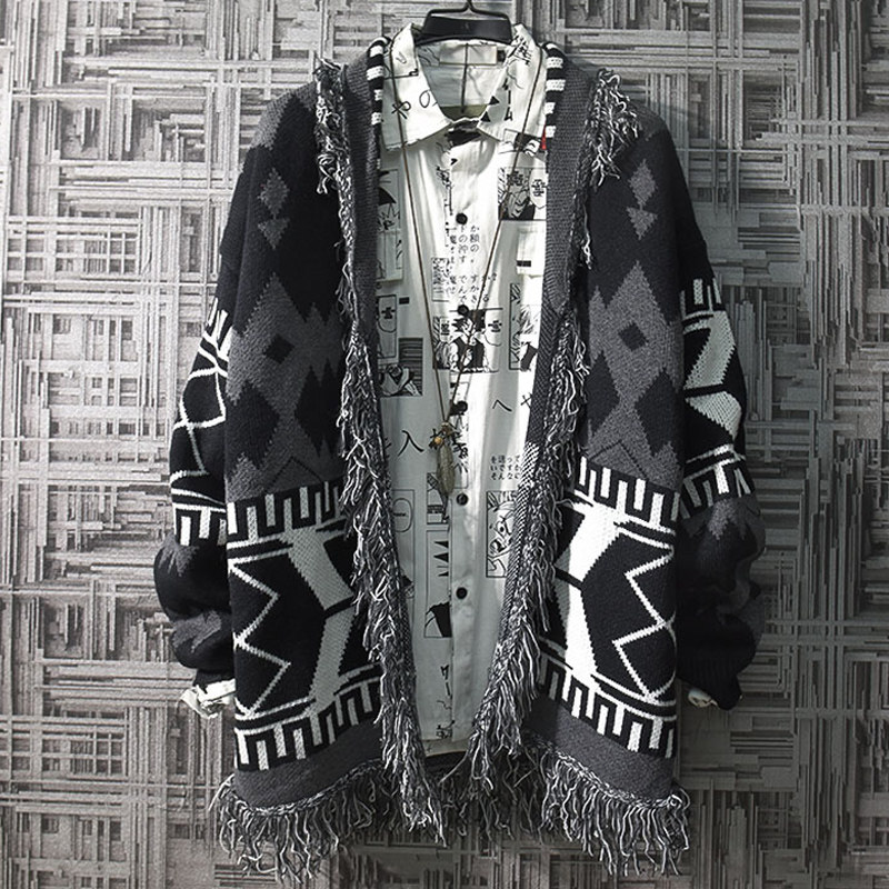 Japanese retro-puff handsome cutting sweater men loose knitting sweater casual autumn and winter national wind mens coat